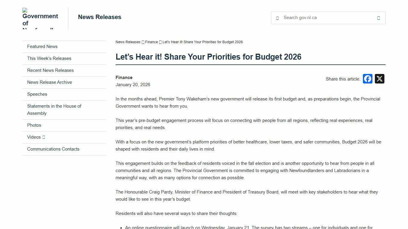 Let’s Hear it! Share Your Priorities for Budget 2026 - News Releases