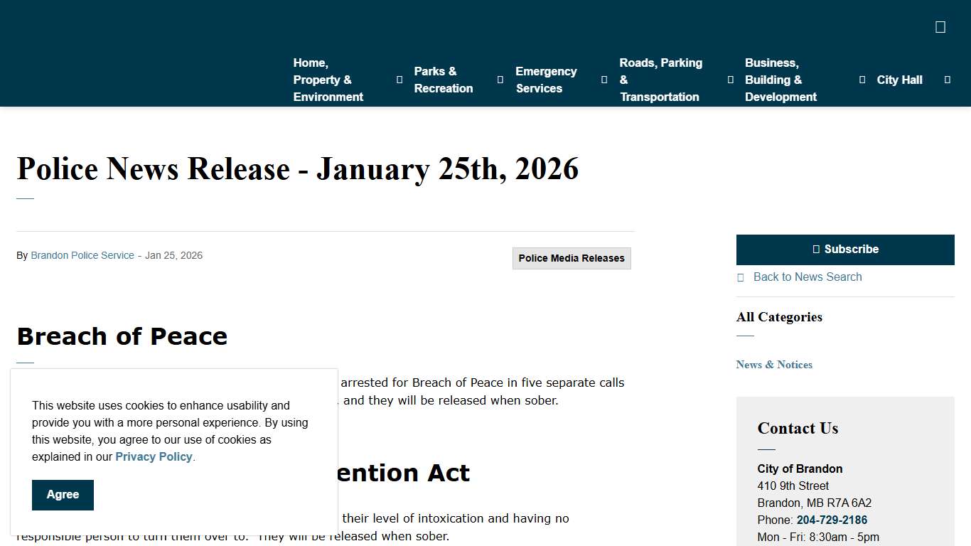 Police News Release - January 25th, 2026 City of Brandon